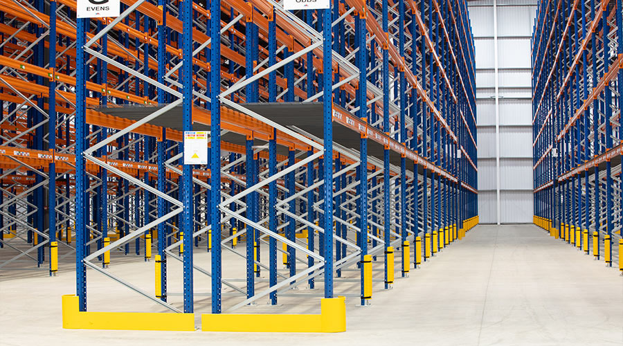 high rise shelving system in an empty warehouse