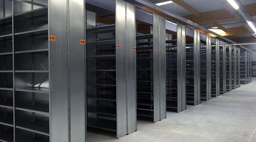 empty archive shelving system in a warehouse