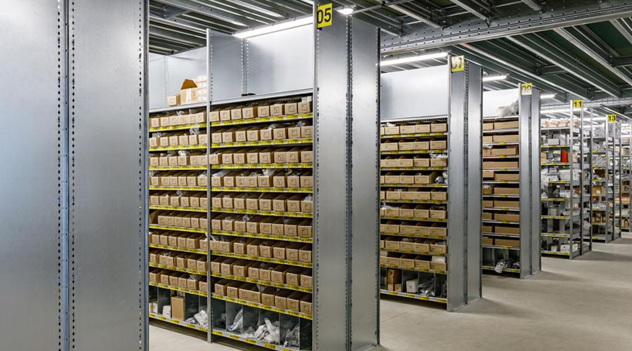 industrial archive shelving system in a warehouse