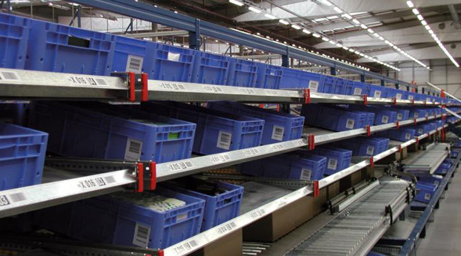 warehouse with carton flow live storage shelving