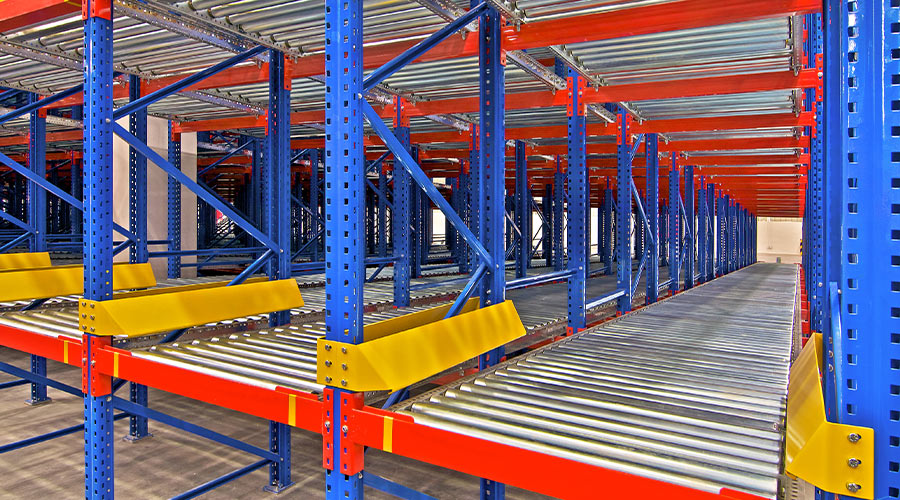 newly installed live racking storage in a warehouse